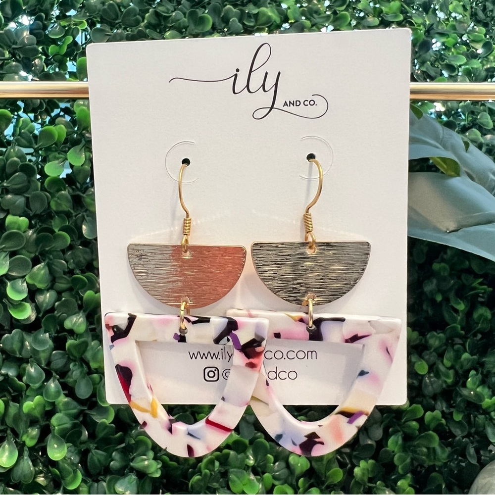 New Marbled Colorful Acetate Geometric Dangle Earrings | Lightweight | Goldtone